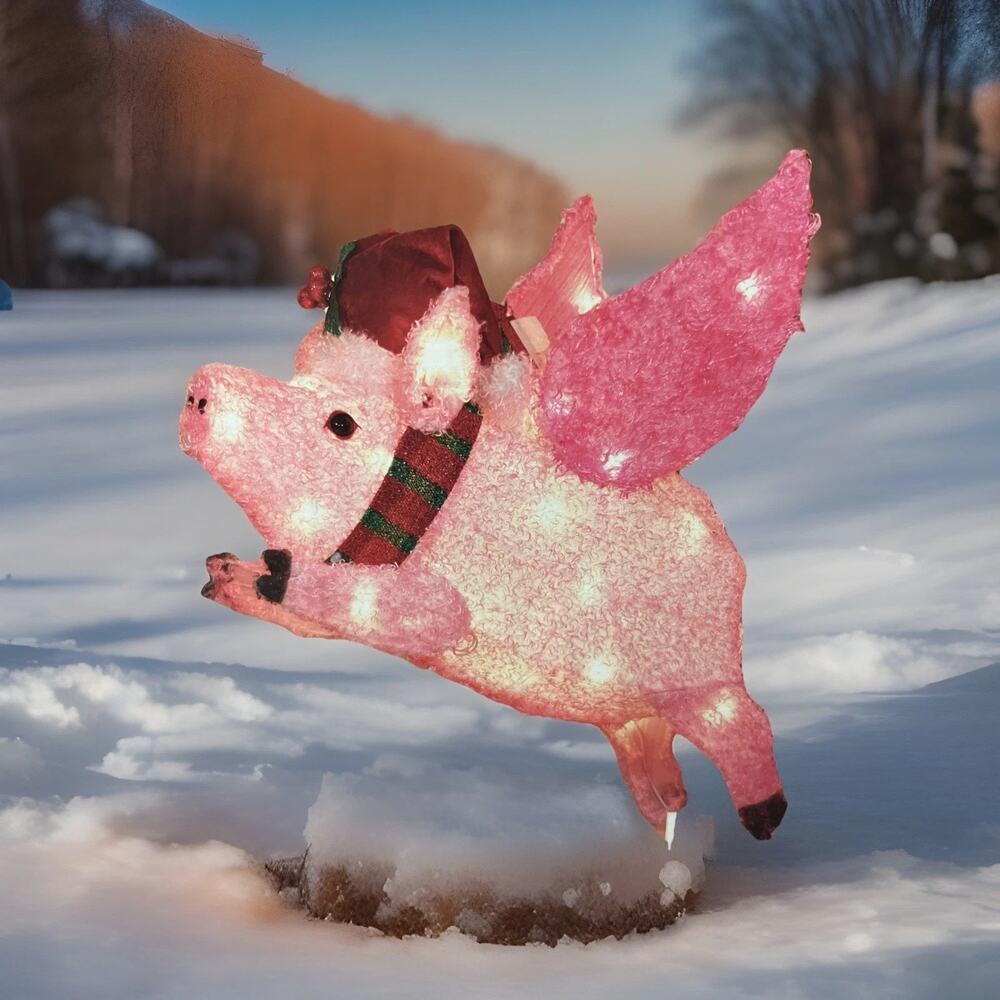 Holiday Time Light-Up Tinsel Flying Pig Christmas Yard Decoration 26” NEW